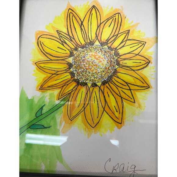 Framed Sunflower Watercolor Artwork Signed By Craig - Picture 2 of 2